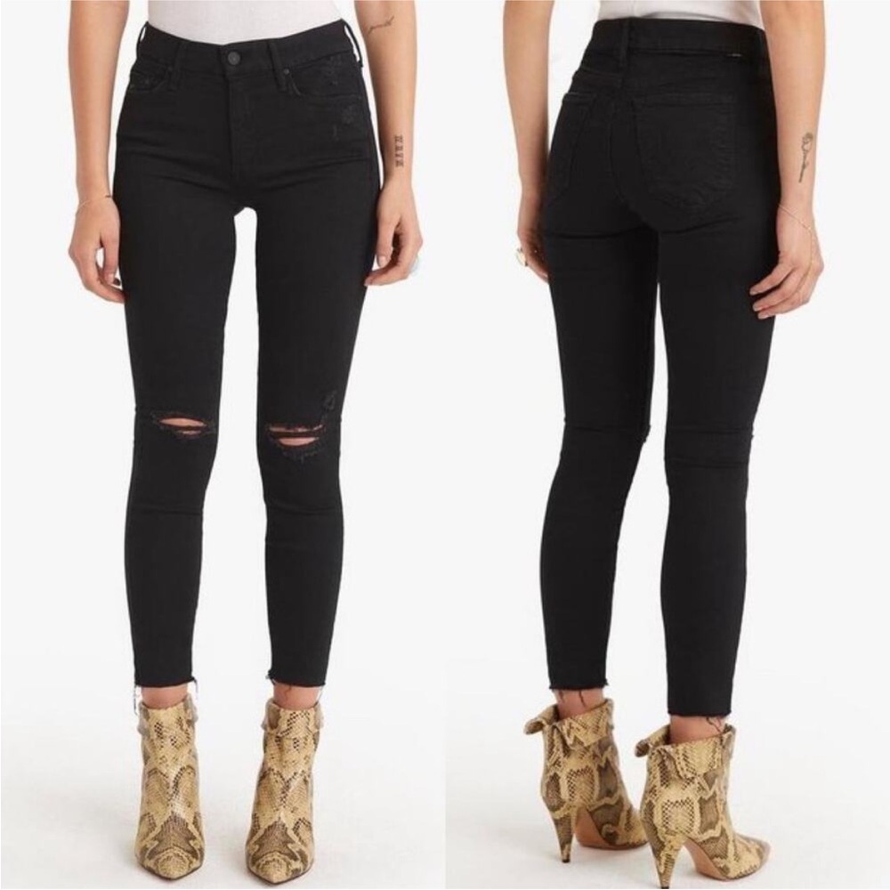 MOTHER Looker Ankle Fray Jeans in Guilty as Sin Black Distressed‎ Denim Size 28